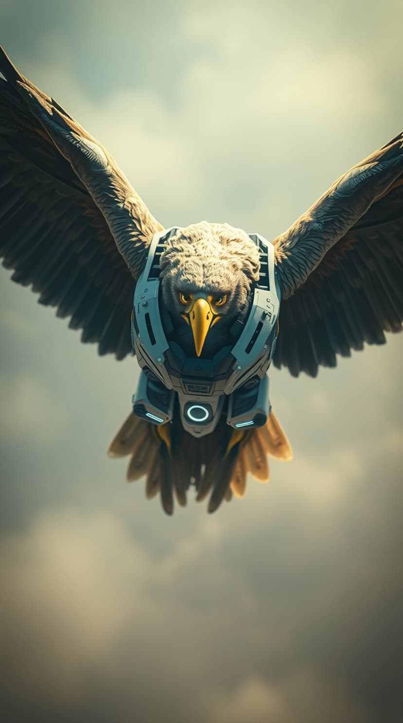 Mechanized eagle with silver armor plates and glowing eyes flying through a dark, turbulent overcast sky.