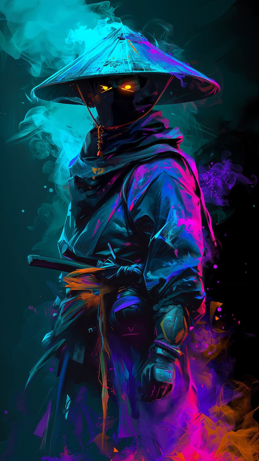 Samurai warrior wearing a conical hat with glowing orange eyes surrounded by swirling blue and pink neon smoke.
