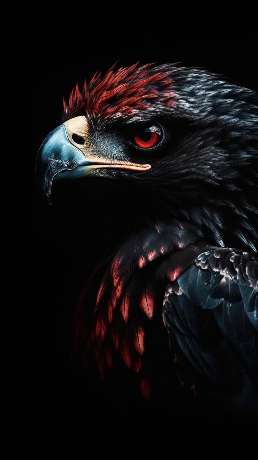 Eagle with glowing red eyes and crimson crown feathers gazes forward against a solid black background.