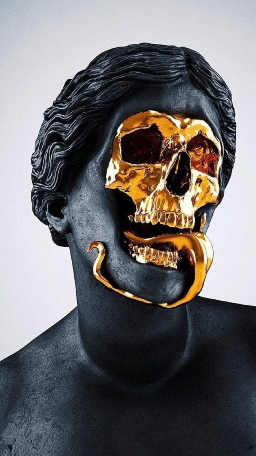 Matte black bust sculpture with a reflective gold skull and a long golden snake tongue protruding from the mouth.