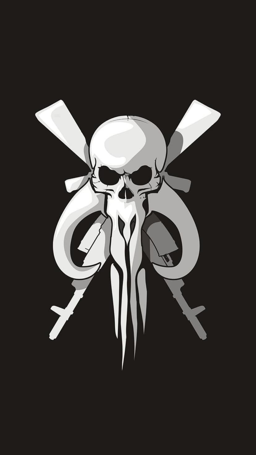 Mandalorian skull centered over two crossed rifles in a high-contrast white design on a solid black background.