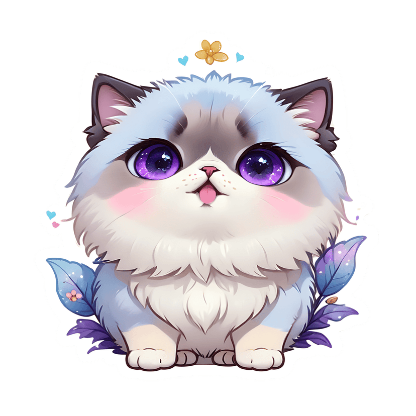 White fluffy kitten illustration with purple eyes, pink cheeks, and floral leaf accents on a glossy surface.