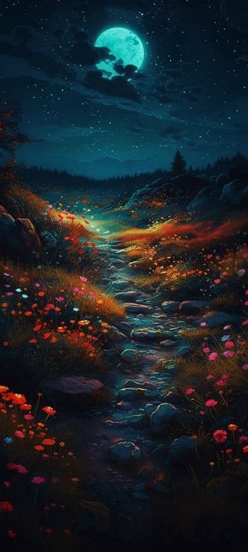 Enchanting Moonlit Path Through Wildflowers