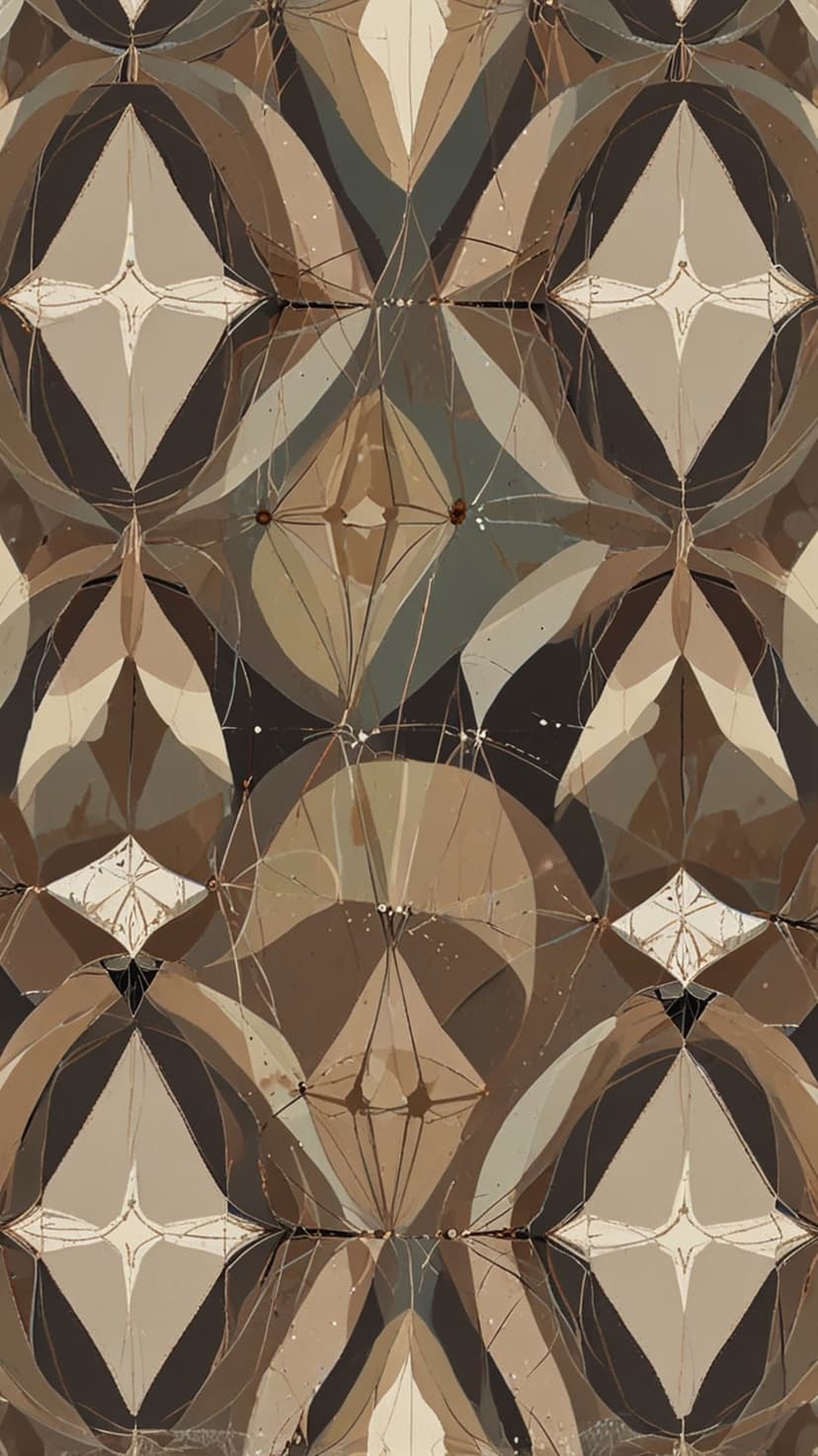 Layered brown and grey geometric shapes with subtle splatters create a textured minimalist vertical composition.