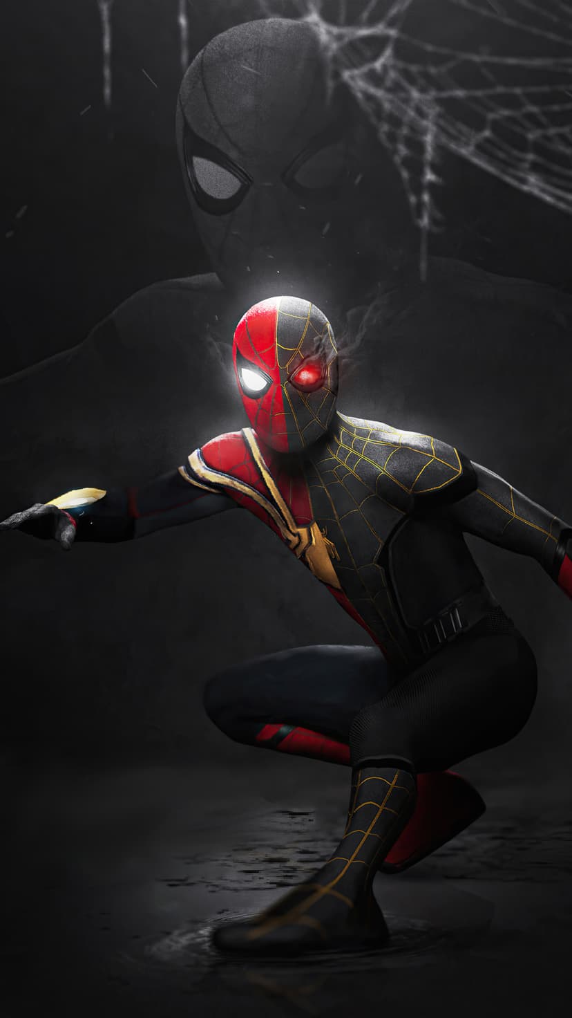 Spider-Man in a split red and black suit crouches before a giant shadowy silhouette in a dark environment.