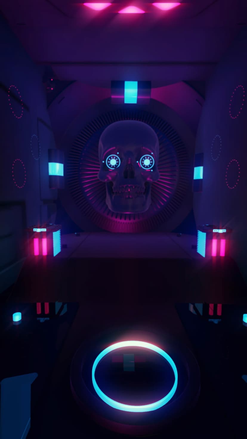 Translucent robotic skull with glowing blue eyes centered in a dark neon-lit futuristic sci-fi hallway.