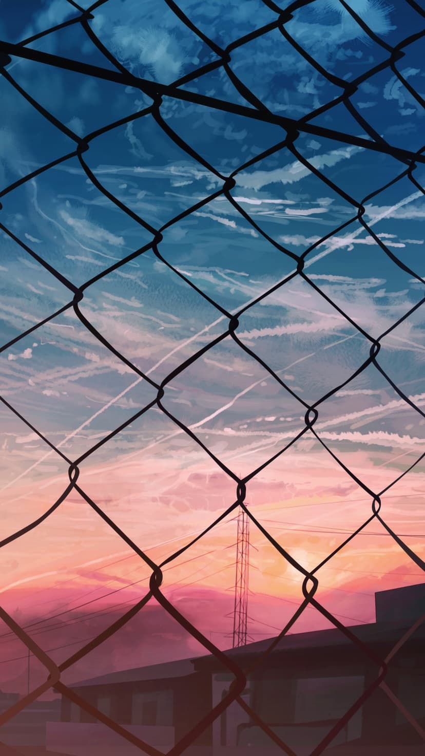 Chain-link fence silhouettes against a pink and blue sunset sky with white airplane contrails and wispy clouds.