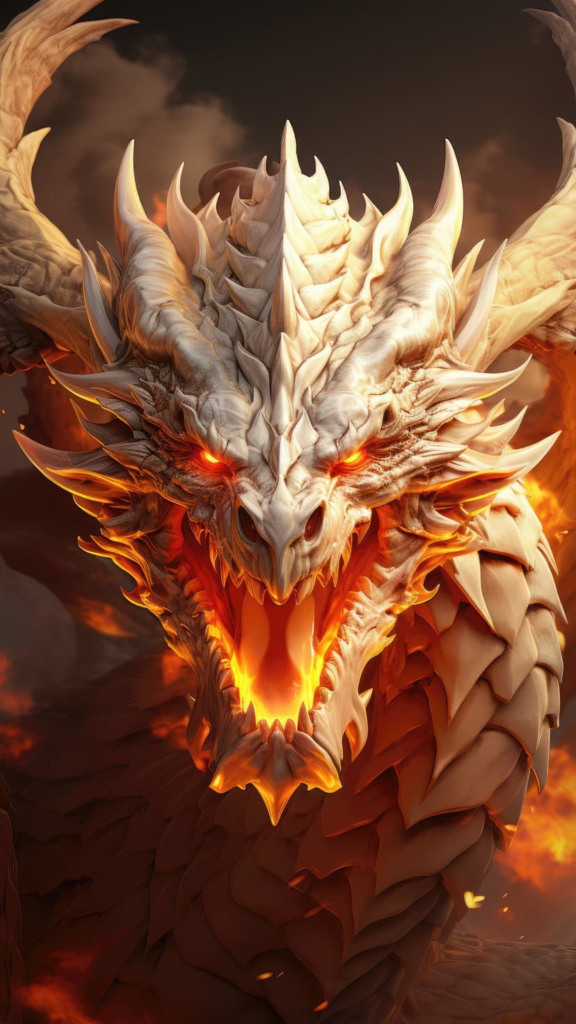 White dragon with glowing orange eyes exhales intense fire, showcasing detailed pale scales and sharp horns.