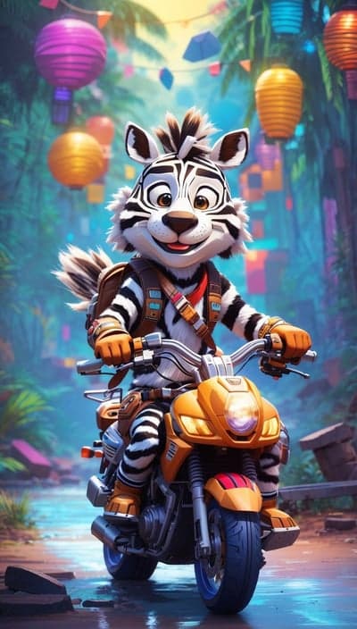 Cartoon tiger on a motorcycle in a festive jungle