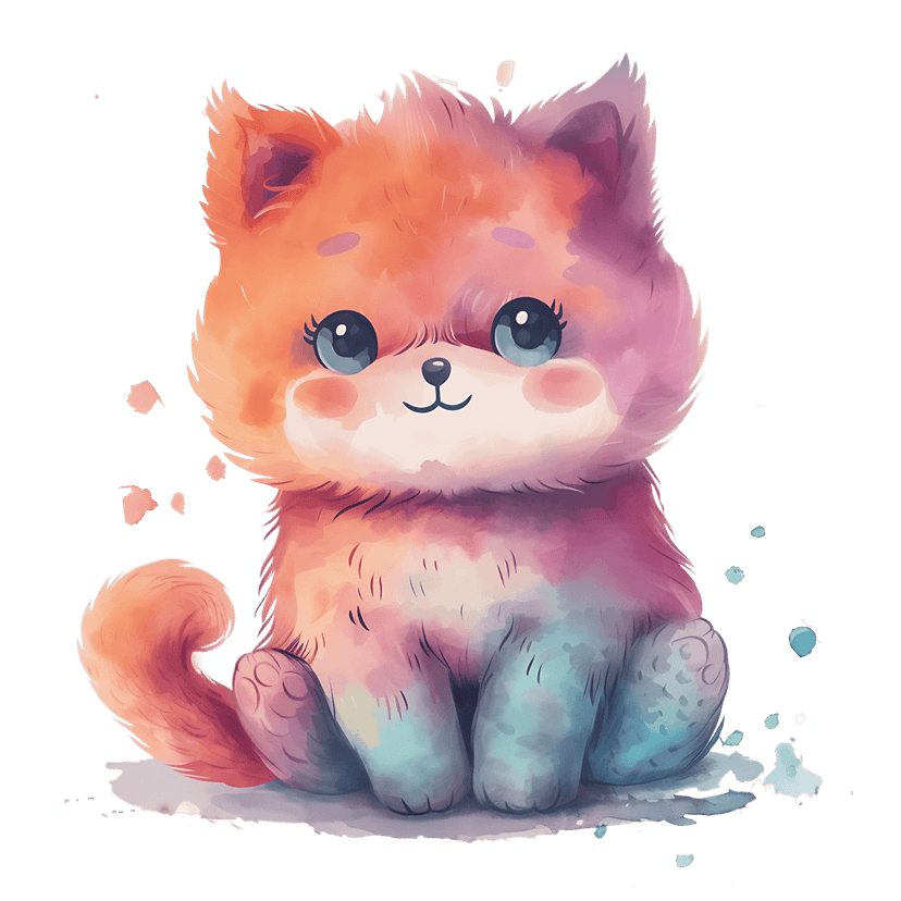 Fluffy cat watercolor illustration with pastel pink and blue fur highlights and large expressive eyes.