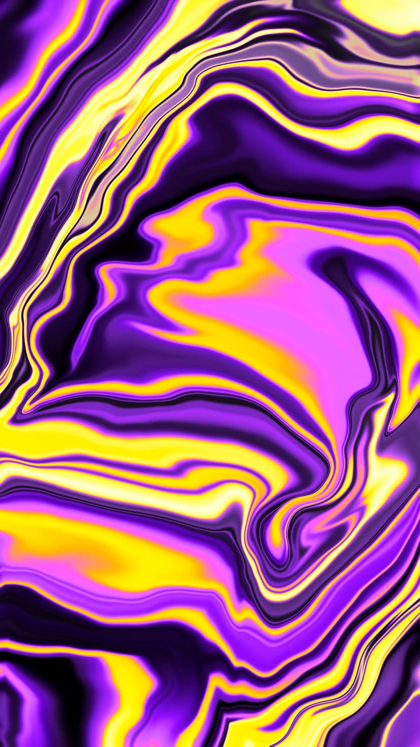 Neon purple and yellow fluid swirls blend in a marbled psychedelic pattern with deep magenta highlights and curves.