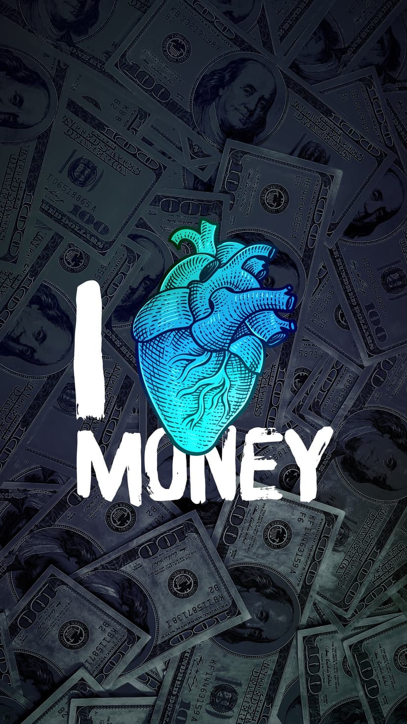 Neon blue anatomical heart glowing over scattered US dollar bills featuring bold white sans-serif text.