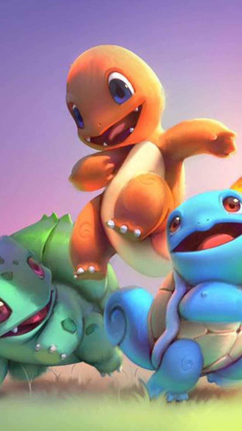 Charmander, Bulbasaur, and Squirtle stand in a playful group pose against a soft, dreamy pastel purple sky.