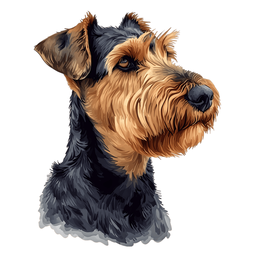 Airedale Terrier portrait featuring realistic wiry tan fur and dark facial features against a black background.