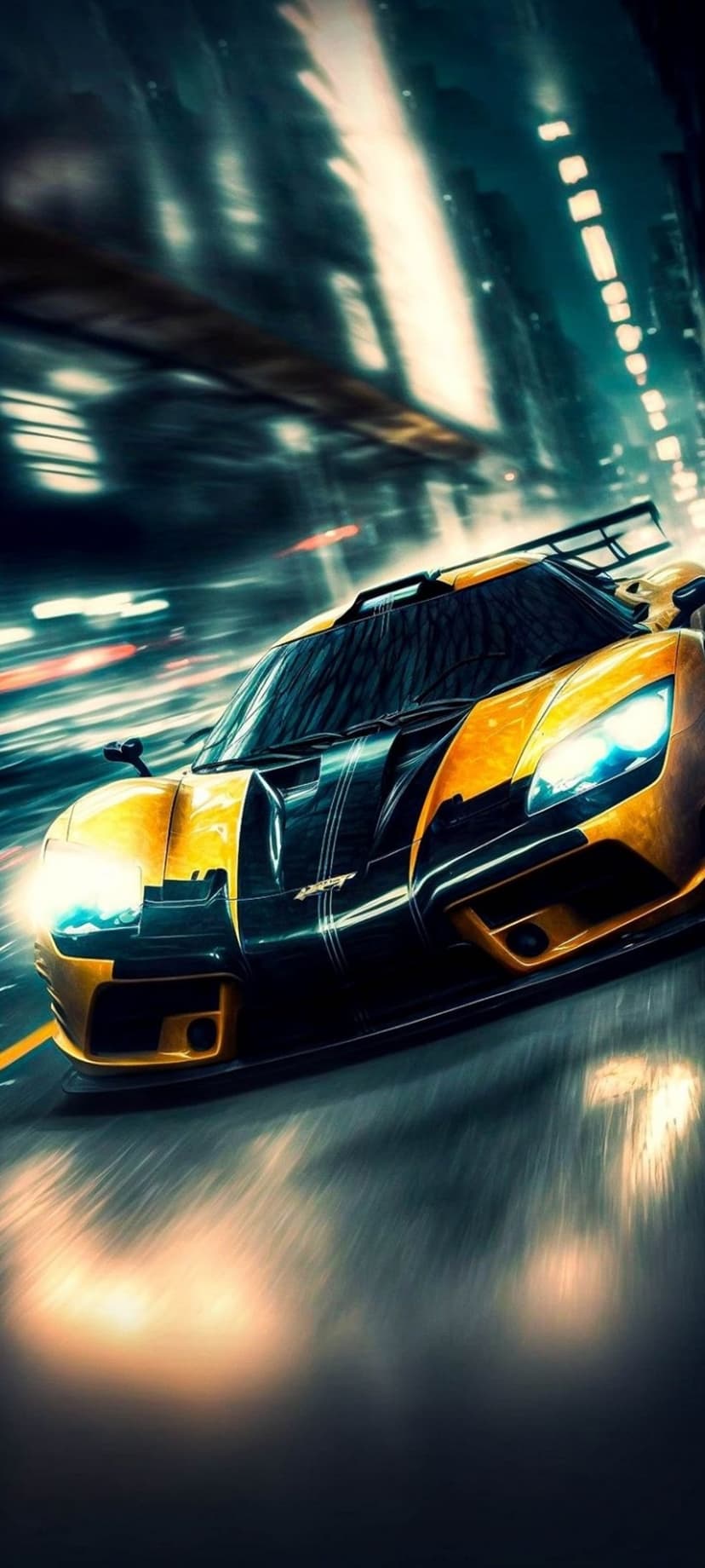 Yellow sports car racing through a dark city street with blurred neon lights and glowing white headlights.