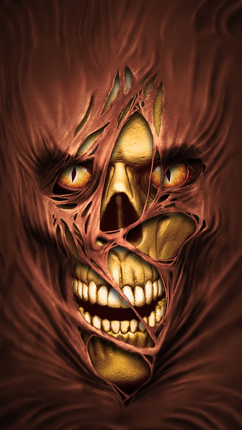 Decaying zombie face with shredded skin exposing a skeletal jaw and glowing yellow eyes against a dark background.