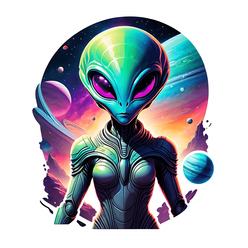 Bioluminescent extraterrestrial humanoid wearing metallic space armor stands against a ringed planet backdrop.