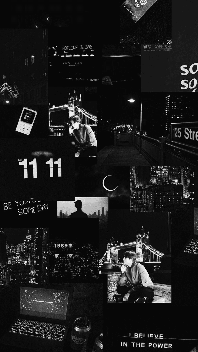 Lone figure by a bridge beside a nocturnal cityscape and vintage tech in a high-contrast black and white collage.