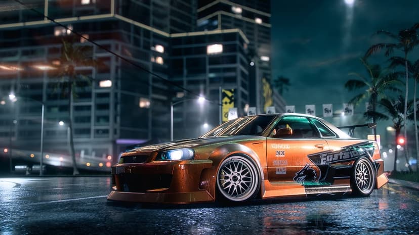 Modified Nissan Skyline R34 on a wet night street with city lights and palm trees in the background.