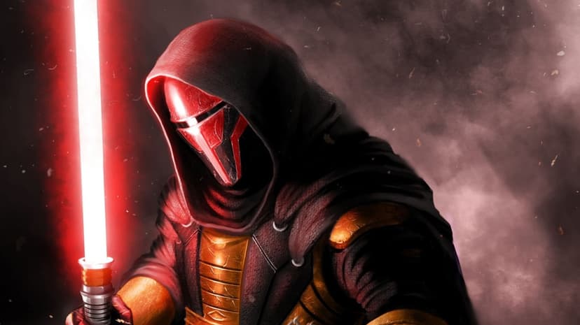 Sith warrior in a red mask and black hood holds a glowing red lightsaber against a dark smoky background.