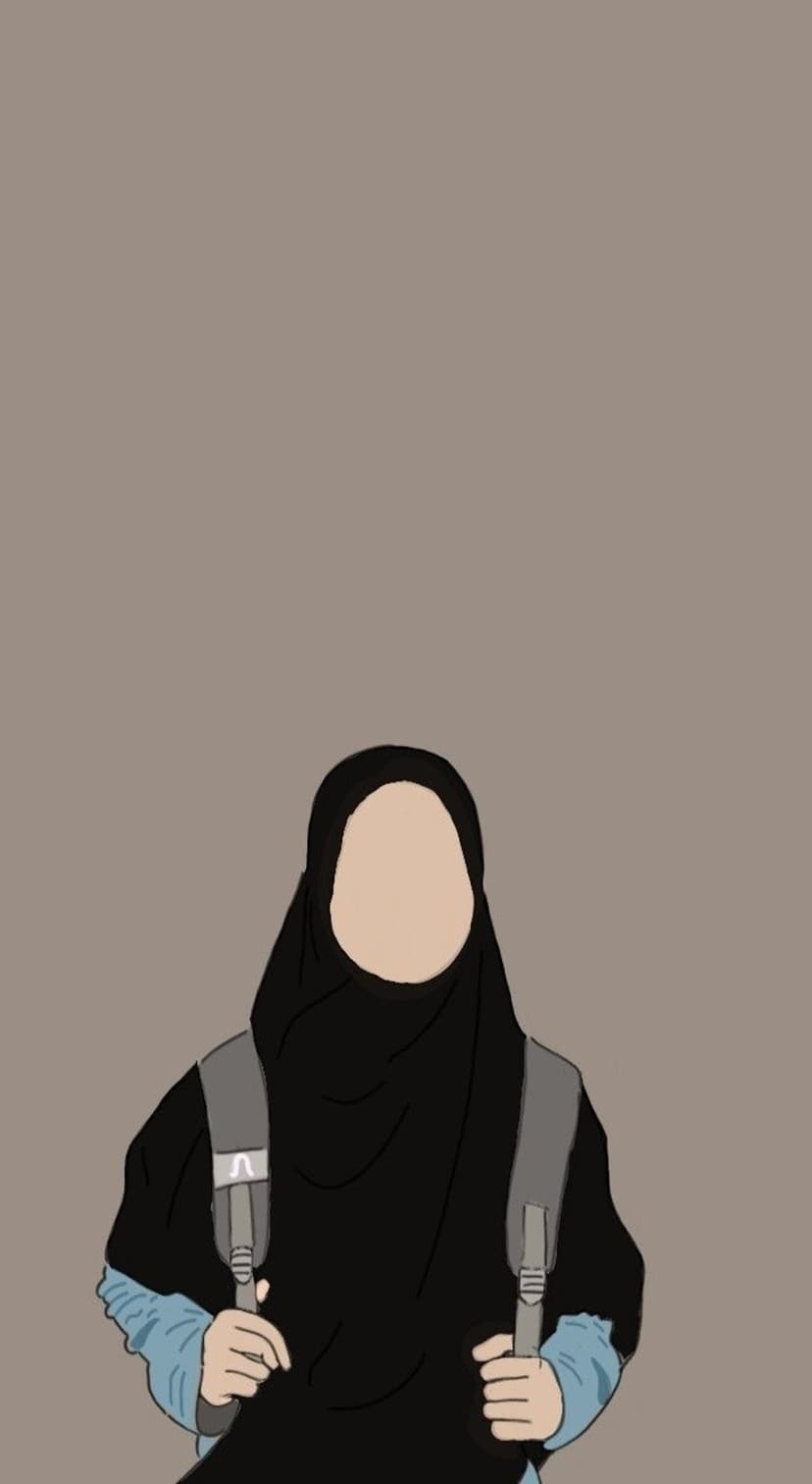 Muslim student wearing a black hijab and blue shirt carrying a grey backpack against a neutral background.