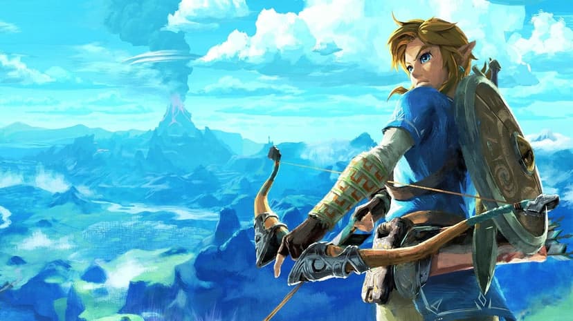 Link holding a bow looking back over a blue and green mountain landscape with a smoking volcano.