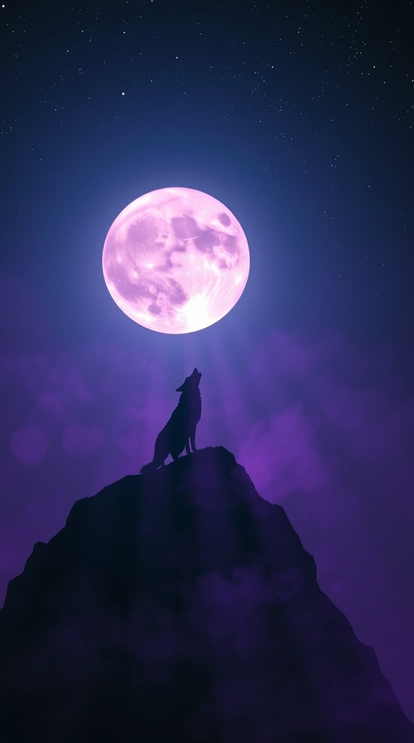 Wolf silhouette on a rocky peak howls toward a large pink moon in a starry night sky with purple clouds.