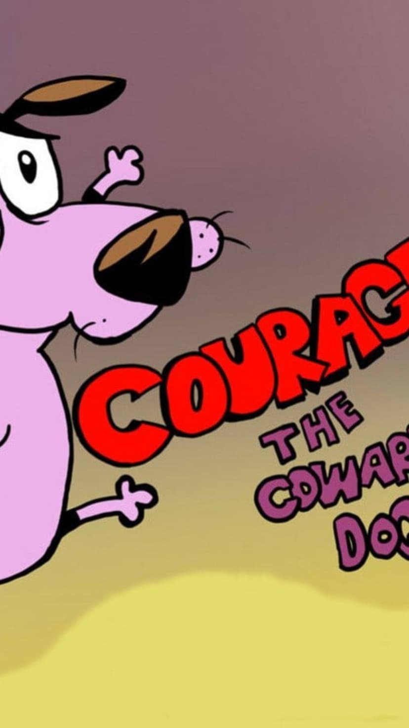 Courage the pink dog with a panicked expression stands under bold red and purple text on a gradient background.