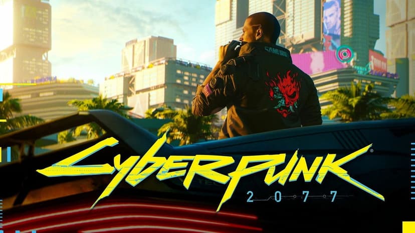 Male character wearing a black Samurai jacket overlooks a bright futuristic city with the Cyberpunk 2077 logo.