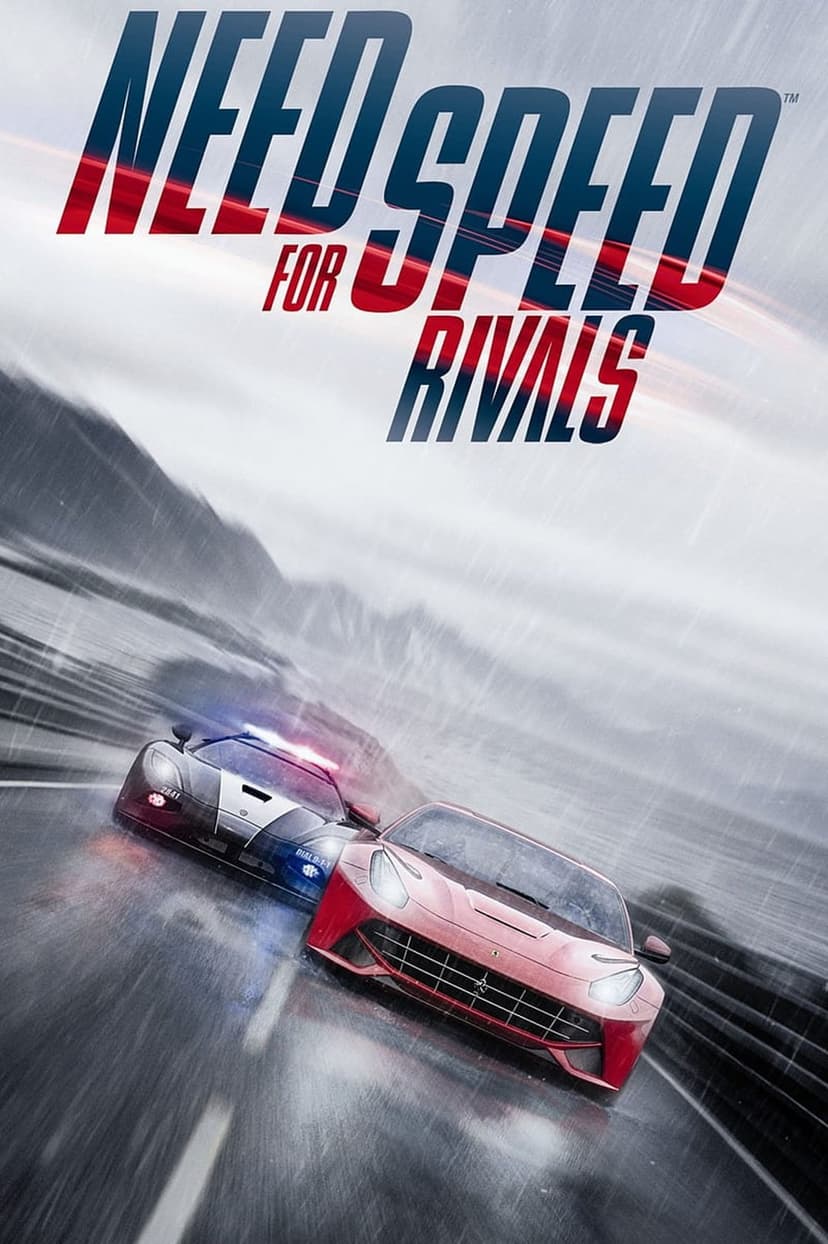 Red sports car accelerates past a police cruiser on a rain-slicked highway under dark, moody, stormy skies.