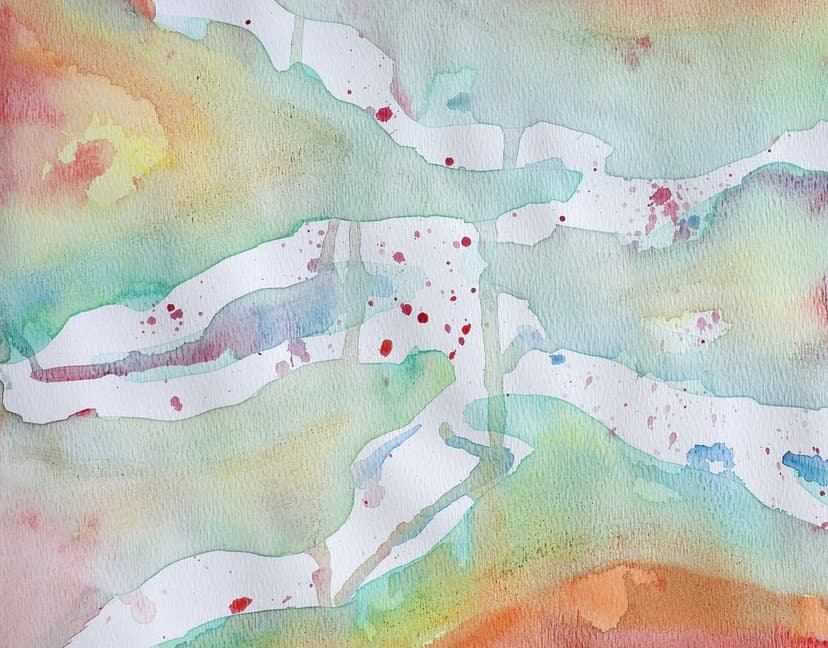 Blended green, yellow, and pink organic shapes with red and blue paint splatters on a white background.