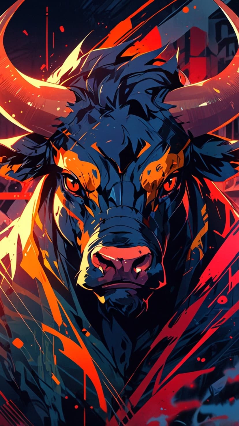 Bull with blazing horns and red eyes set against a dark blue backdrop with sharp orange and crimson accents.