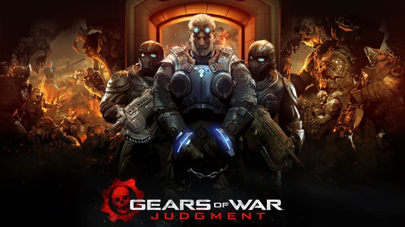 Damon Baird in COG armor with glowing blue handcuffs flanked by soldiers in a war-torn city landscape.