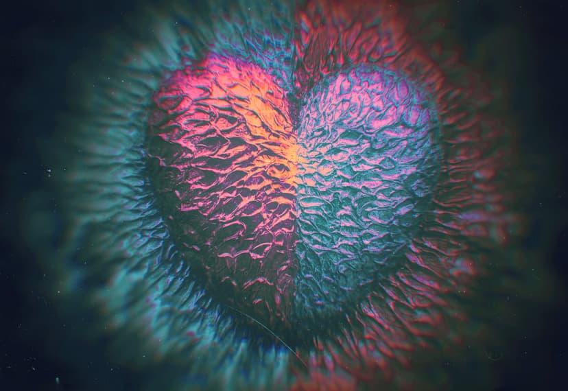 Textured heart with a split orange and purple color palette against a dark radial glowing background.