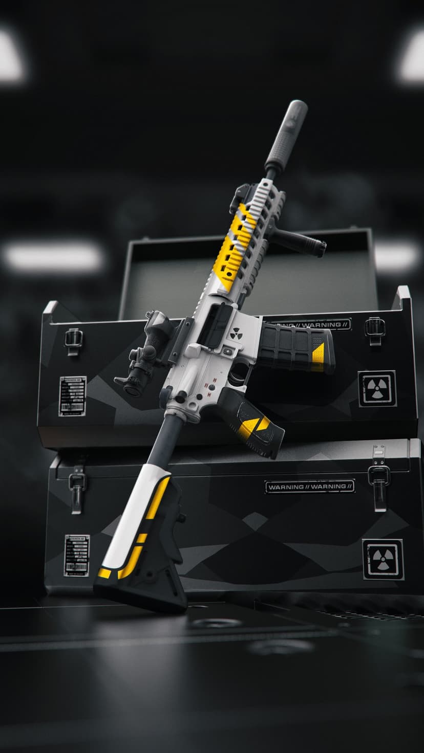 White futuristic assault rifle with yellow stripes leaning against gray crates marked with biohazard symbols.