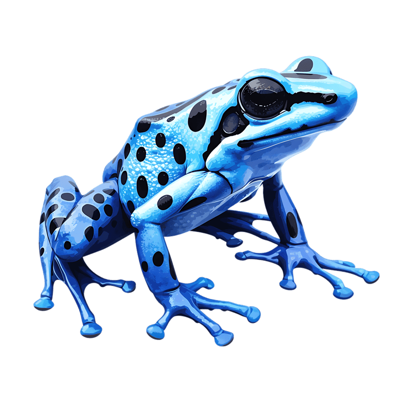 Blue poison dart frog features black spots and glossy skin while perched on a dark background in macro detail.