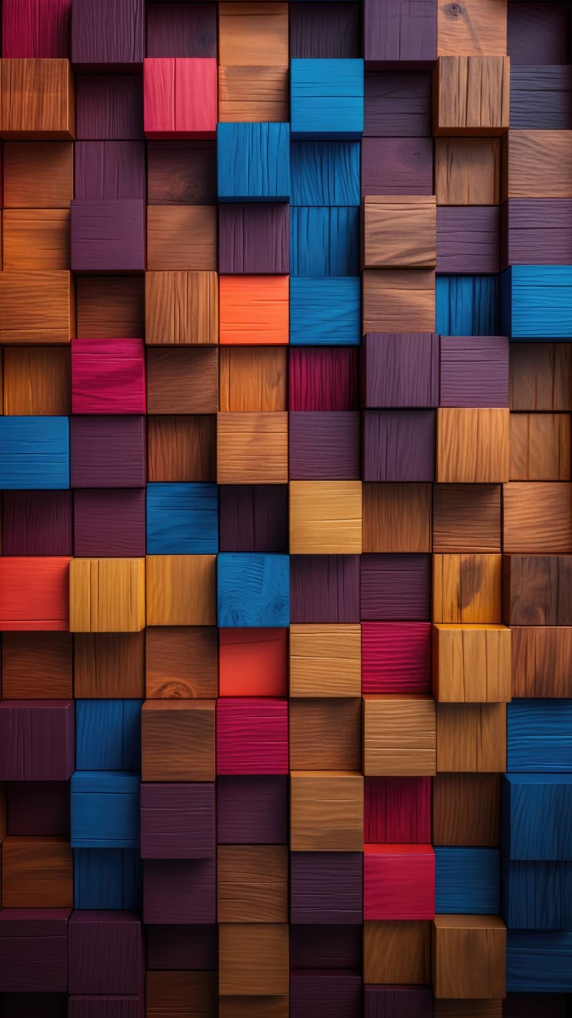 Multicolored wooden cubes in blue, pink, and purple shades with visible wood grain and sharp 3D geometric edges.