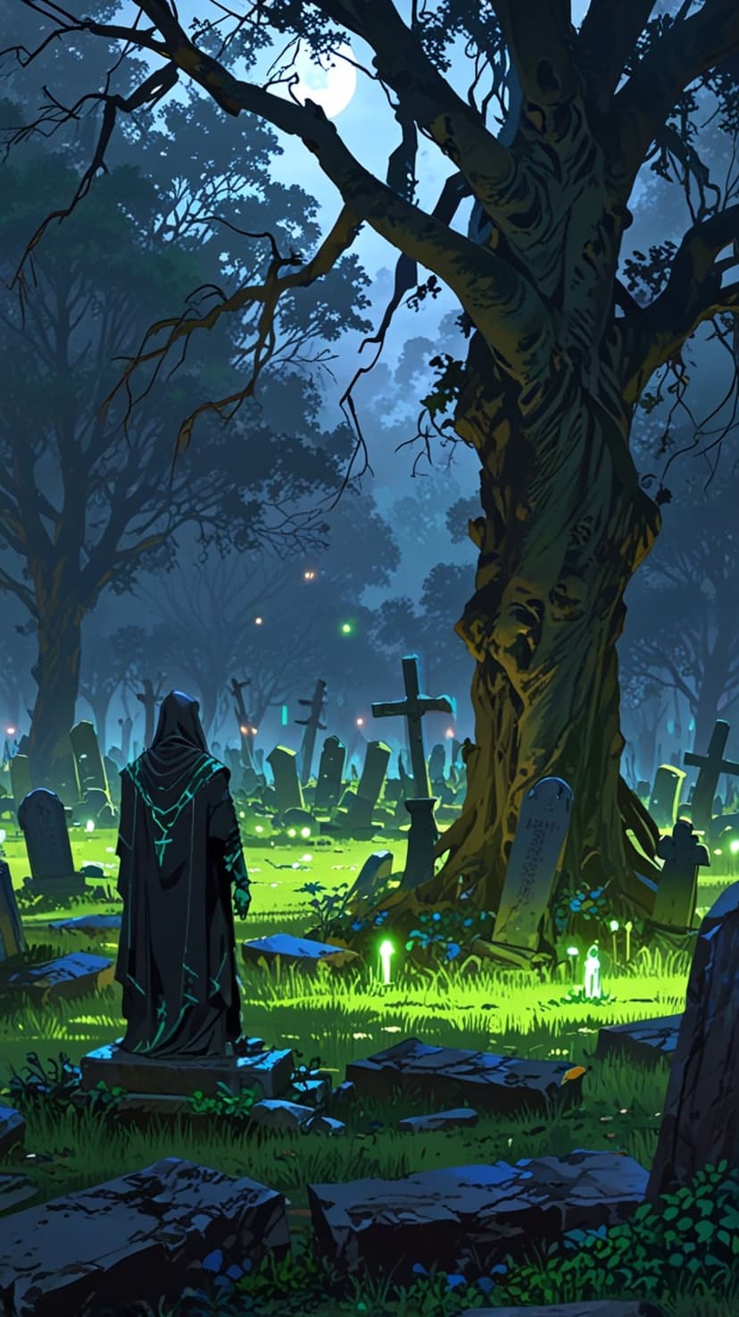 Hooded figure standing in a moonlit cemetery with stone crosses, gnarled trees, and glowing green ground mist.