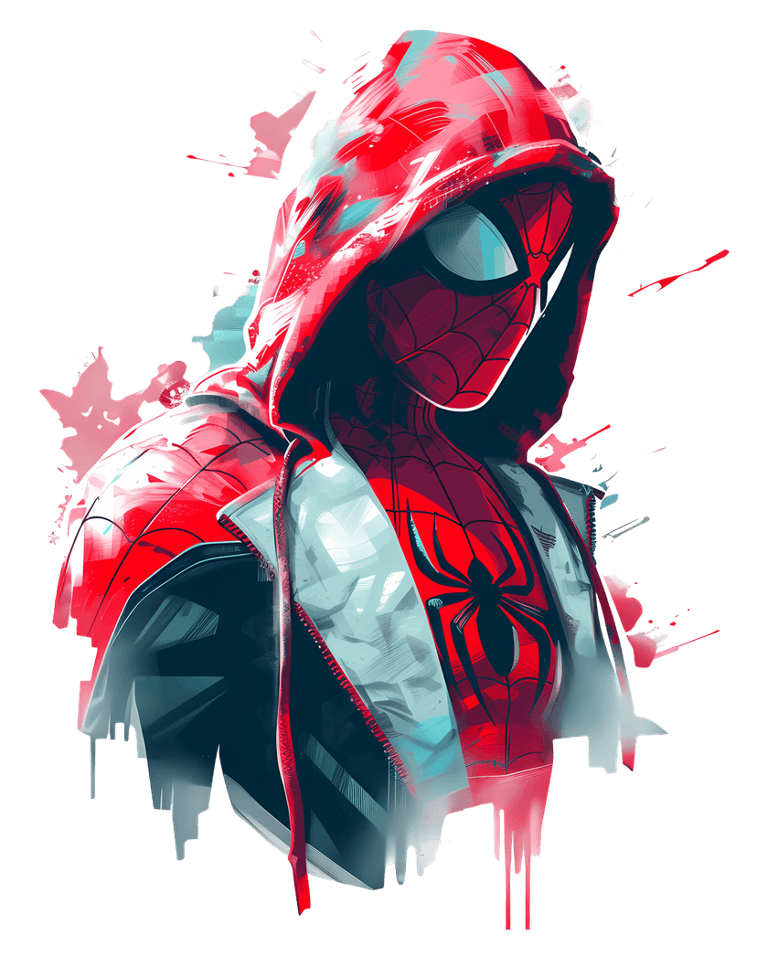 Spiderman wearing a red hoodie in a dynamic digital illustration with a clean transparent background.