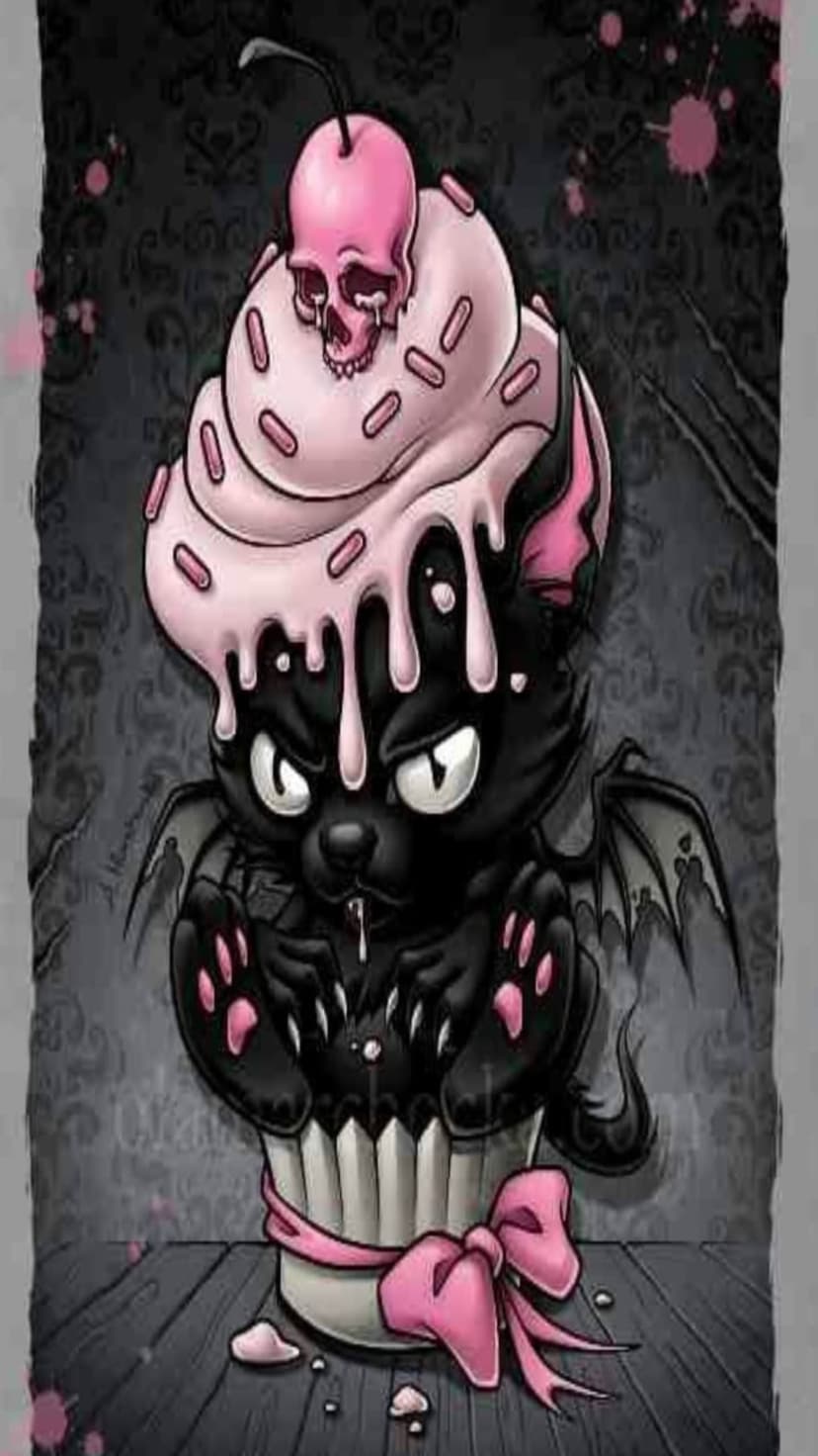 Black cat with bat wings inside a pink frosted cupcake with a skull cherry on a dark textured background.