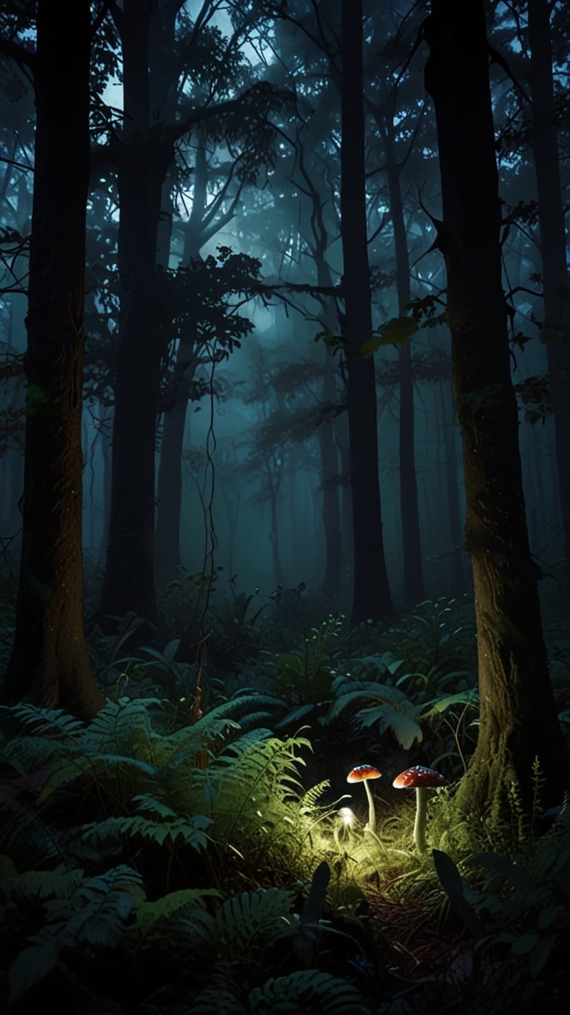 Glowing neon mushrooms and wild ferns illuminate a dark misty forest floor beneath silhouetted trees at night.