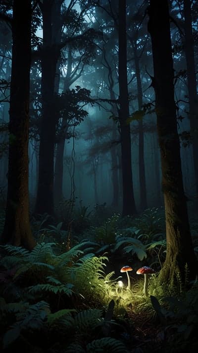 Mystical Forest at Night with Glowing Mushrooms