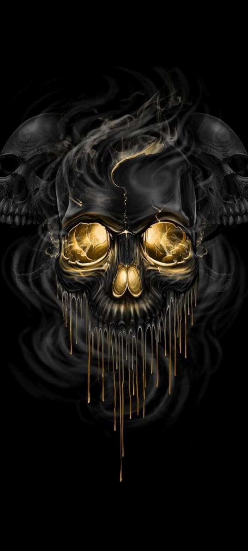 Human skull with glowing amber eyes drips liquid gold into thick black smoke against a shadowy background.