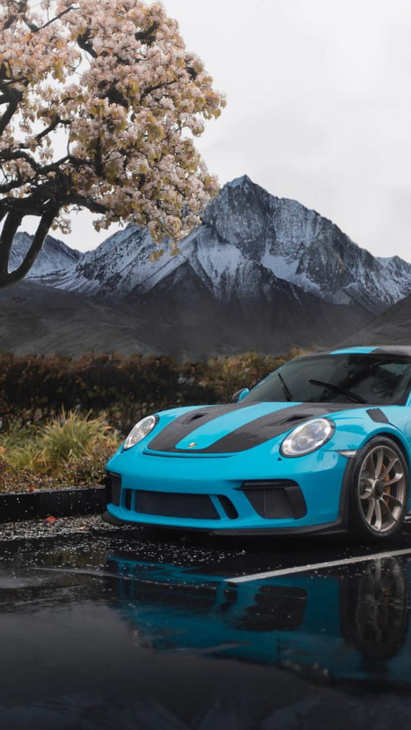 Blue Porsche 911 GT3 parked on a wet road beside pink cherry blossoms with snowy mountain peaks in the distance.