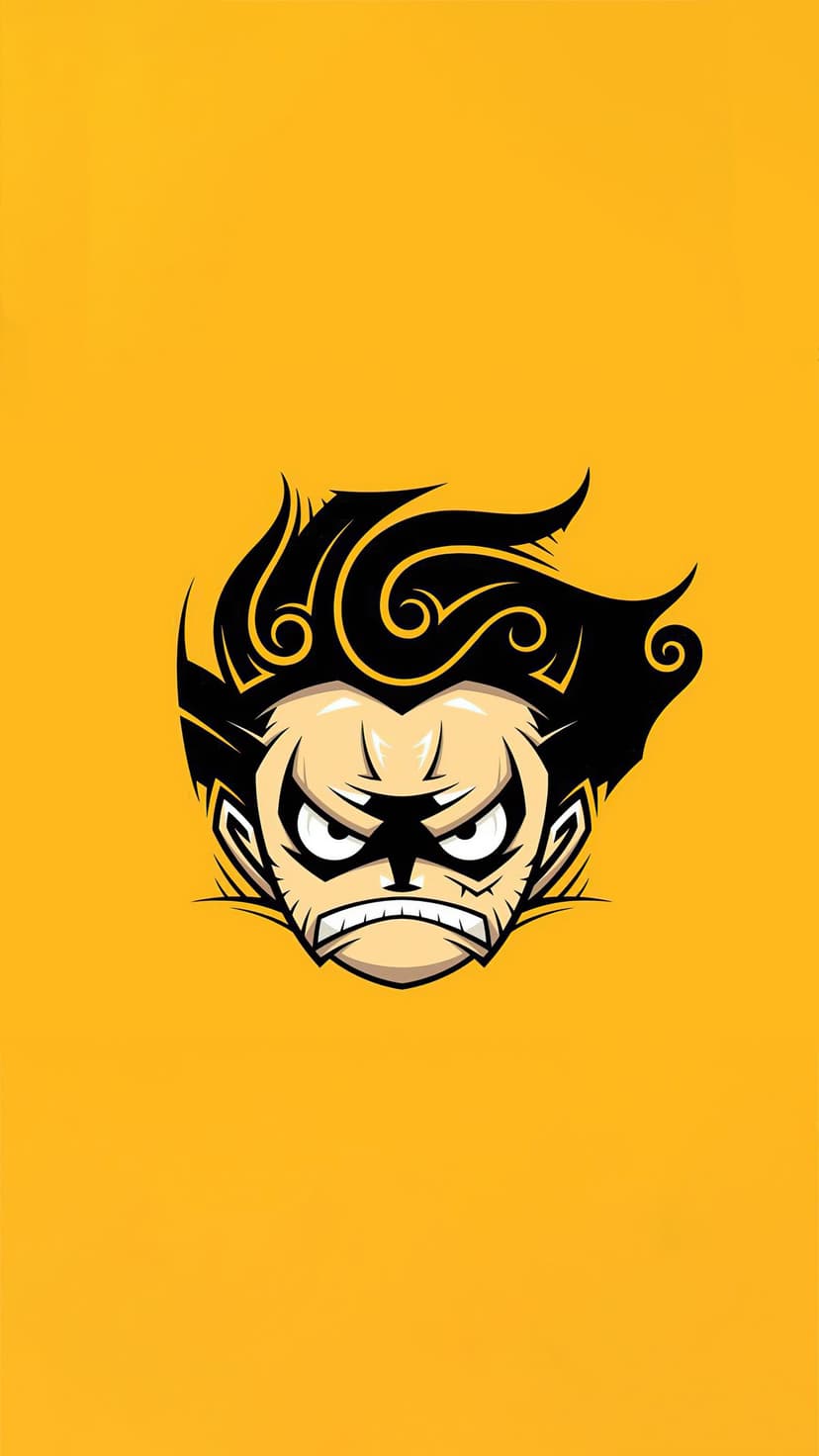 Monkey D Luffy chibi emblem with a fierce expression, black spiky hair, and eye scar on a yellow background.