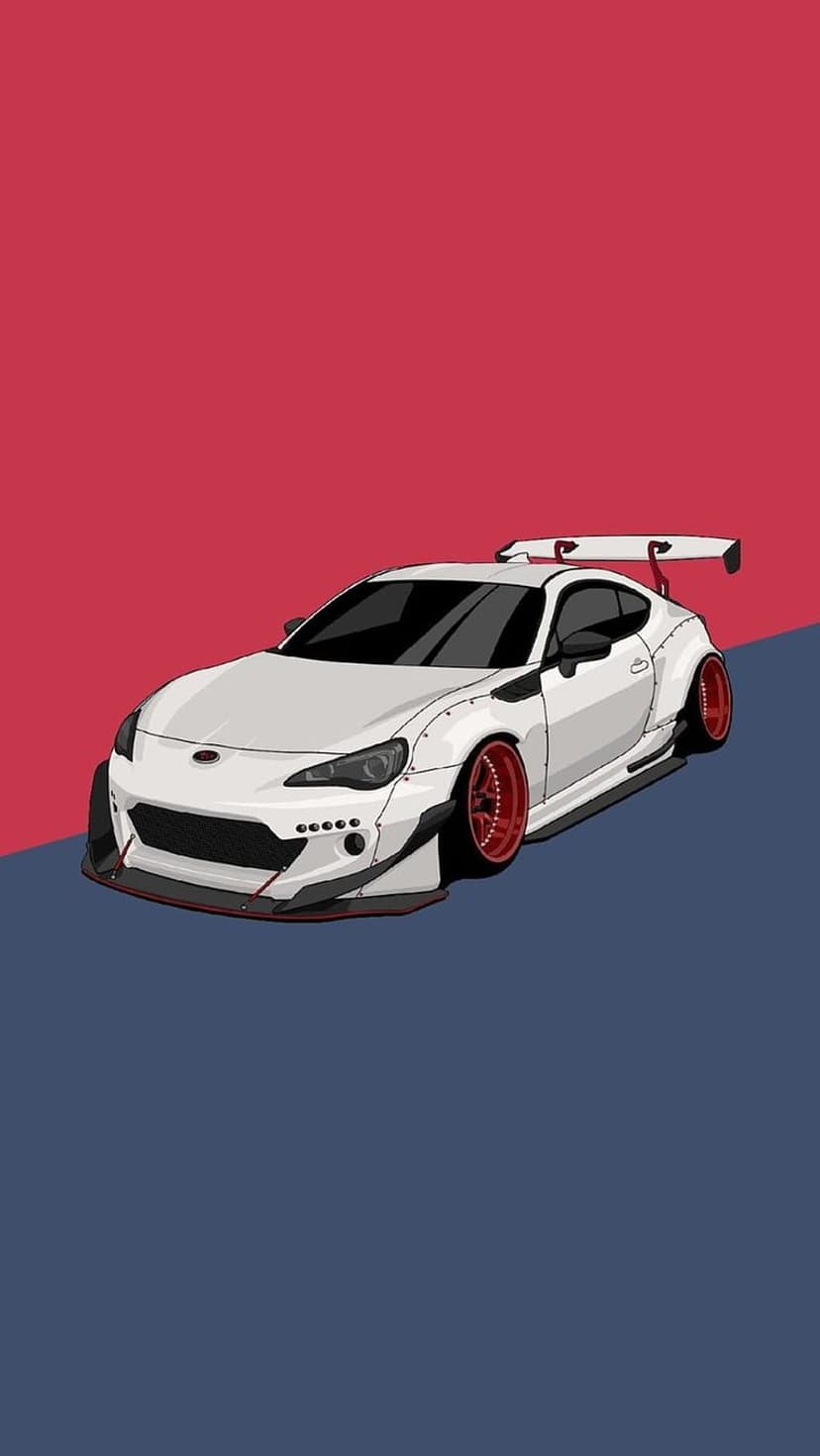 White sports car with red wheels and aggressive widebody kit against a sharp red and blue split-tone background.
