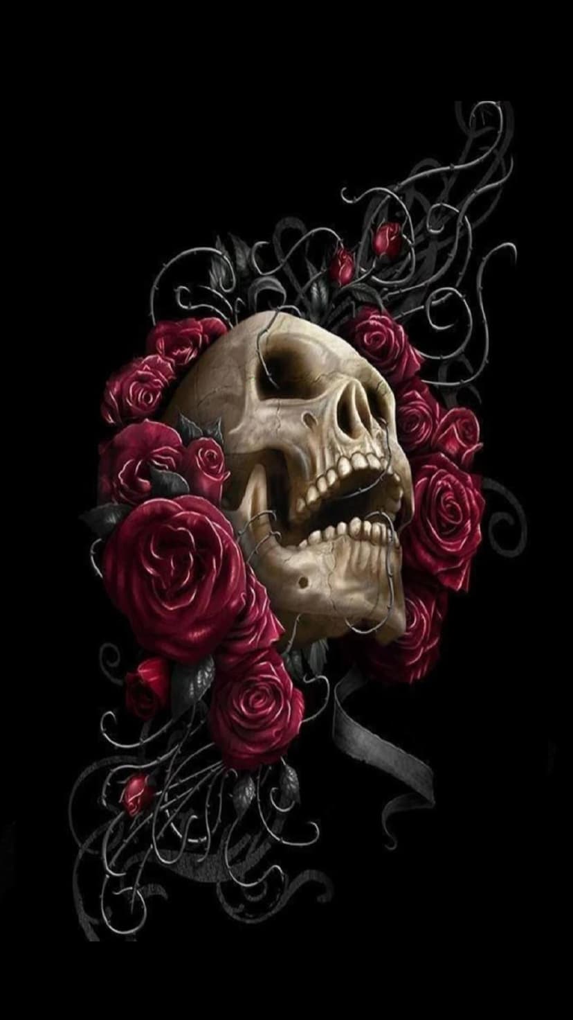 Weathered human skull with an open jaw surrounded by deep red roses and dark thorny vines on a black background.