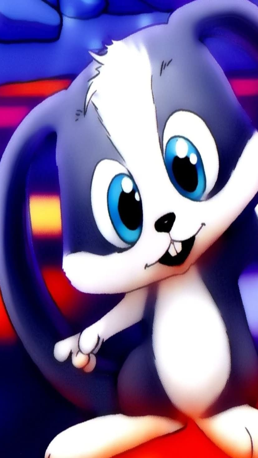 Blue and white cartoon rabbit with massive eyes and a fluffy chest against a background of colorful light streaks