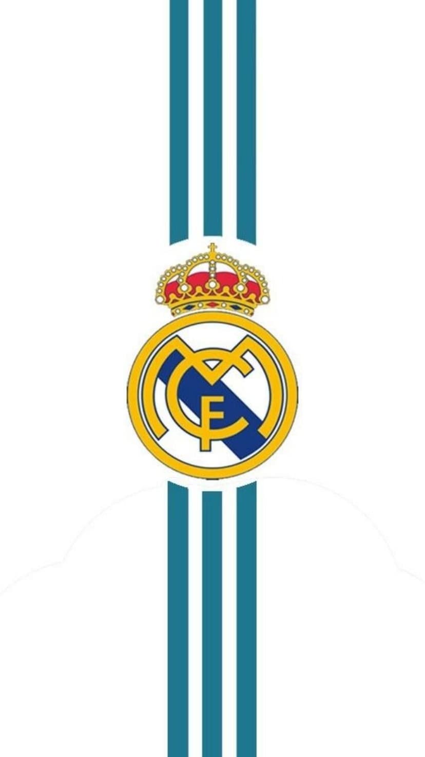 Real Madrid crest with a gold crown centered between two parallel teal stripes on a solid white background.