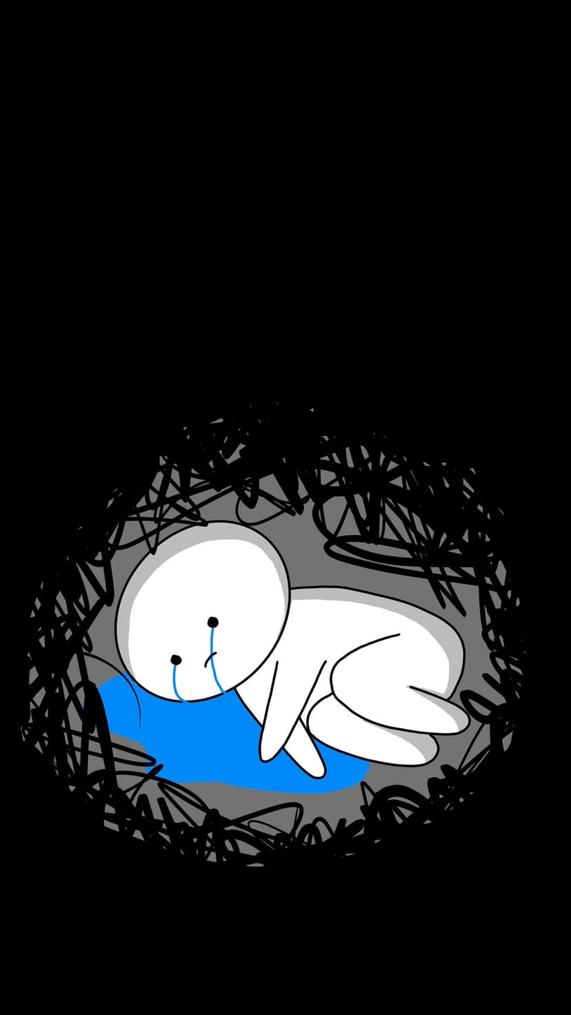 Small white character curled in a fetal position inside a messy black line nest with blue tears on its face.
